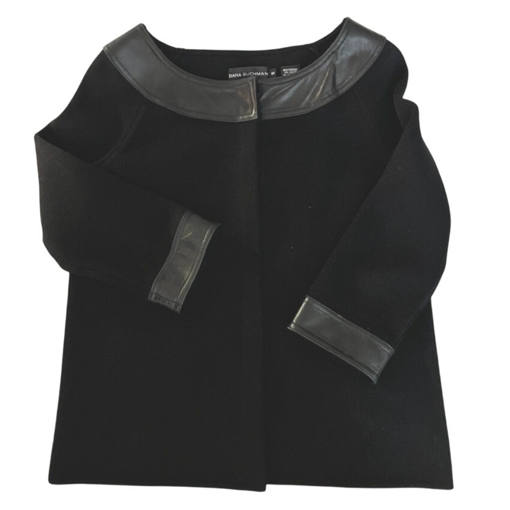 Black Knit Open Front Sweater L Genuine Leather Trim Minimalist Modern